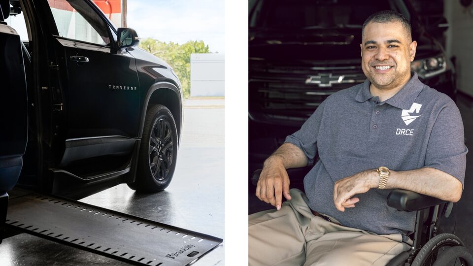 Two photos: On the left, a wheelchair ramp leads up to the back passenger door of a black Chevy Traverse; on the right, Josh Himan sits in a wheelchair smiling at the camera.