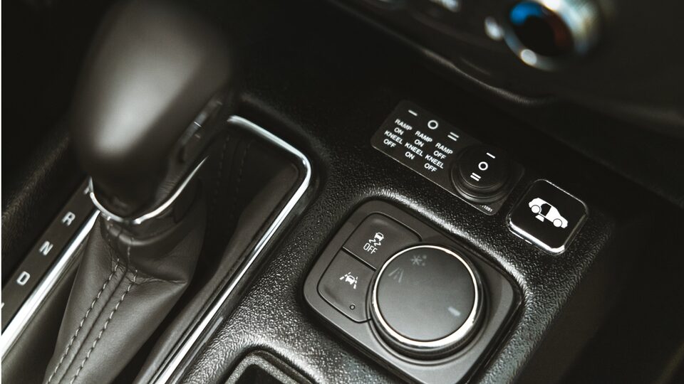 Looking down at the center console of a Chevy Traverse.