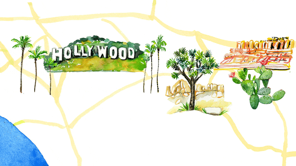An animated gif illustration of a Shock green Bolt EV driving across a map of California dotted with palm trees, the Hollywood sign, red rock cliffs, and cactus.