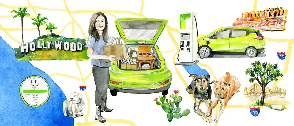 An illustration of Nicole Dome overlaid on a map illustration with her Shock green Bolt EV, her three dogs, an electric charging station, and the Hollywood sign in the background.