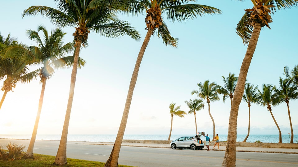 A Silver Ice Metallic Bolt EV sits on a road lined with palm trees with the ocean in the background.