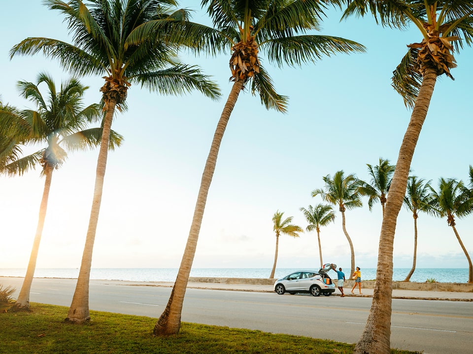 A Silver Ice Metallic Bolt EV sits on a road lined with palm trees with the ocean in the background.