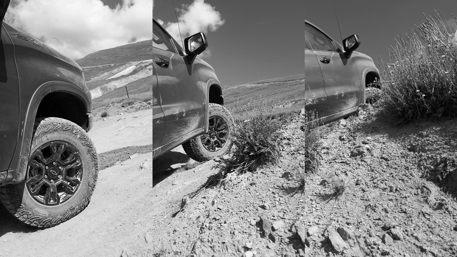 Un collage de tres imágenes de una Silverado ZR2 cubierta de polvo, mientras asciende por la ladera de una montaña.