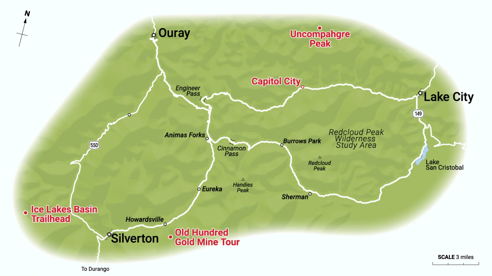 Un gif de un mapa del sendero Alpine Loop, con una línea roja que dibuja un camino a lo largo de parte del sendero.