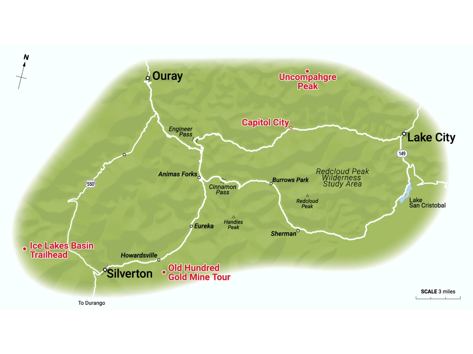 Un gif de un mapa del sendero Alpine Loop, con una línea roja que dibuja un camino a lo largo de parte del sendero.