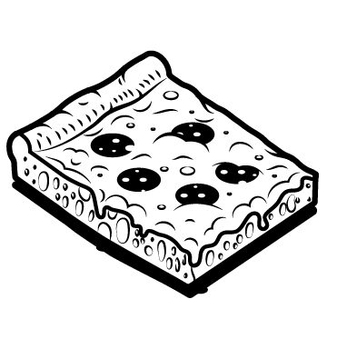 A black-and-white illustration of a slice of Detroit-style pan pizza.