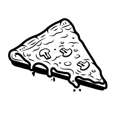 A black-and-white illustration of a slice of New Haven-style thin-crust pizza.