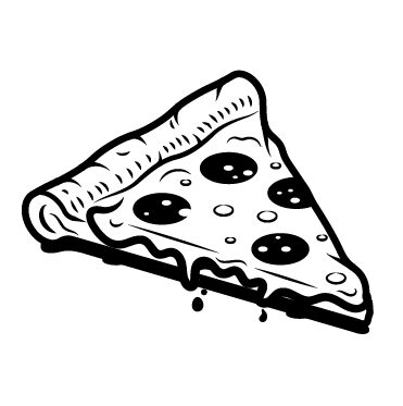 A black-and-white illustration of a slice of New York-style thin-crust pizza.