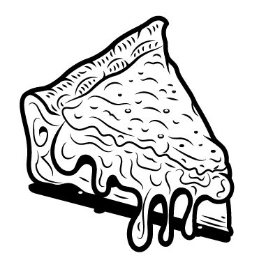 A black-and-white illustration of a slice of Chicago-style deep dish pizza.