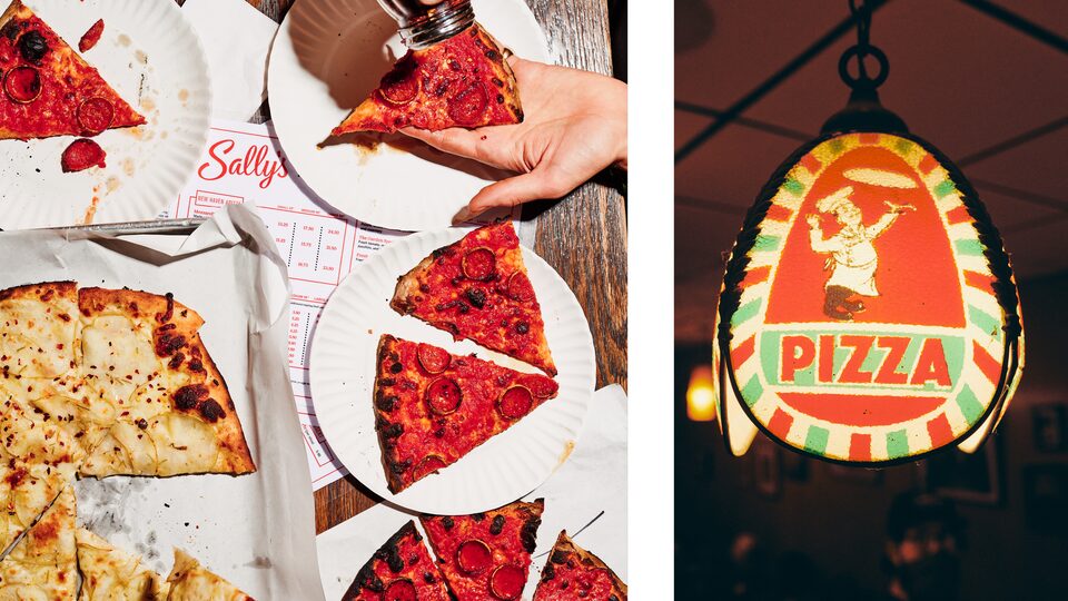 Two photos: One of a couple dif-ferent kinds of pizza being sliced and put on plates; the other of the Sally’s Apizza sign outside the restaurant.