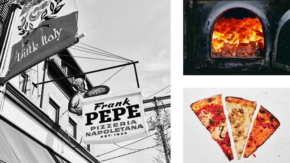Three photos: One of the Frank Pepe Pizzeria sign outside the restaurant; one of coals burning red-hot in the oven; and one of three slices of pizza on a white background, all with different toppings.