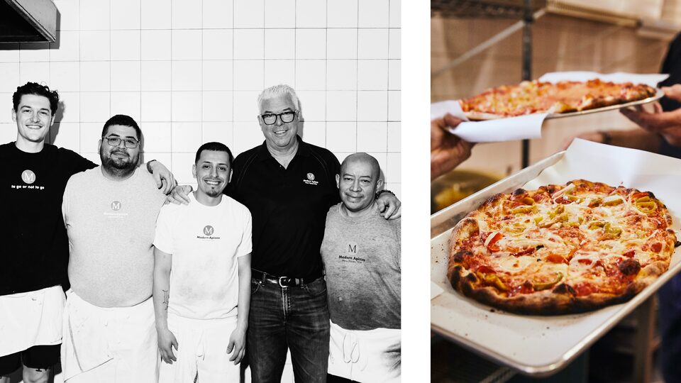 Two photos: One of the crew of five men at Modern Apizza posing against a white tile wall; the other of two of Modern’s signature pizzas fresh out of the oven. 