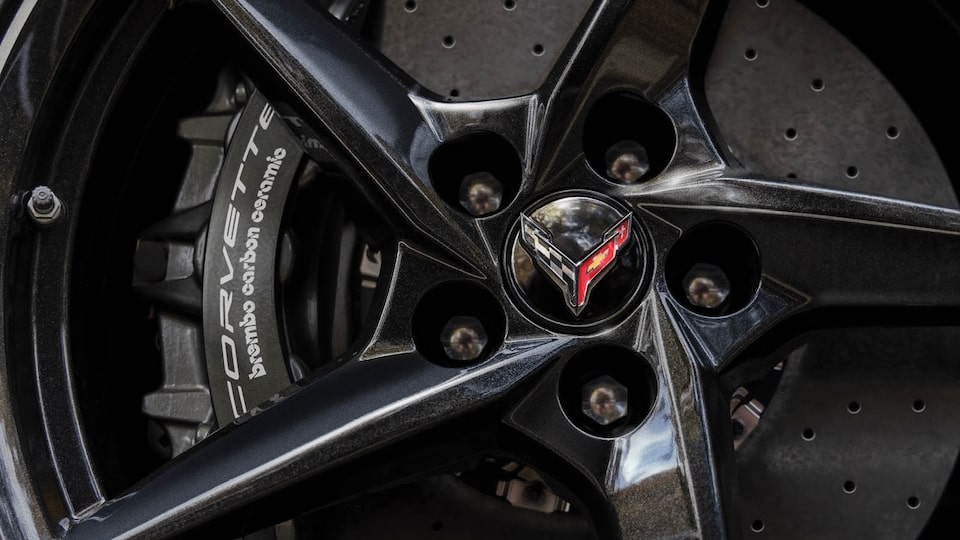 A closeup of wheel detail and the Brembo brakes on a Corvette E-Ray.