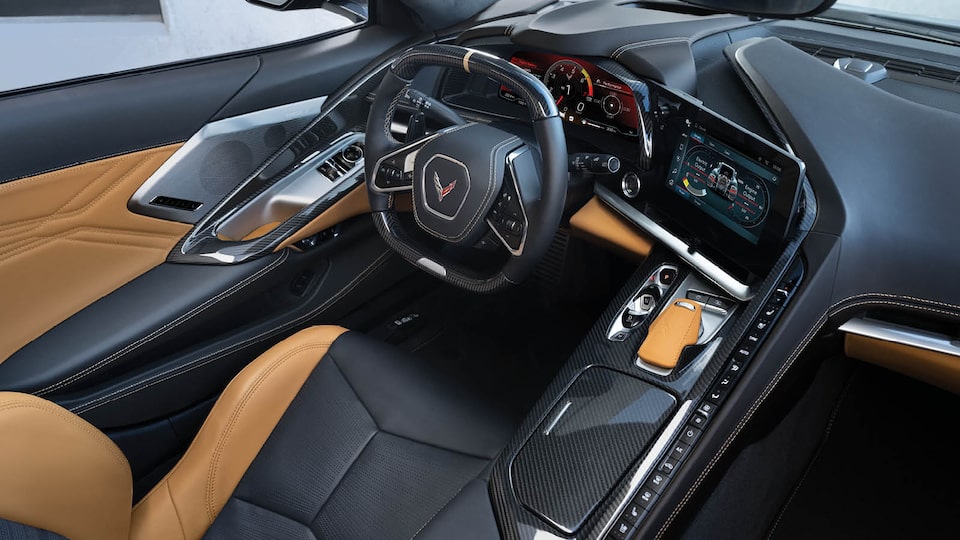 The two-toned interior of a Corvette E-Ray.