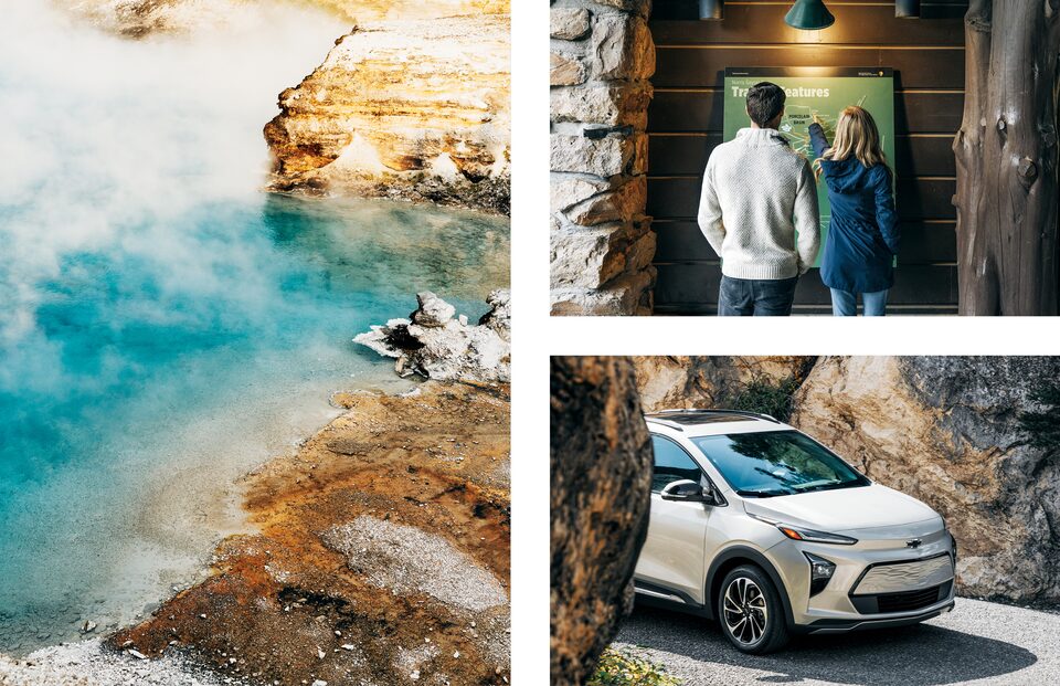 Three photos: a colorful hot spring at Yellowstone, two people read a sign in the park, a white Bolt EUV comes out from behind a rock formation on park road.