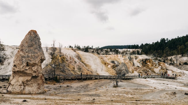 People walk along a boardwalk at the bottom of a hill in the mudpots area of Yellowstone.