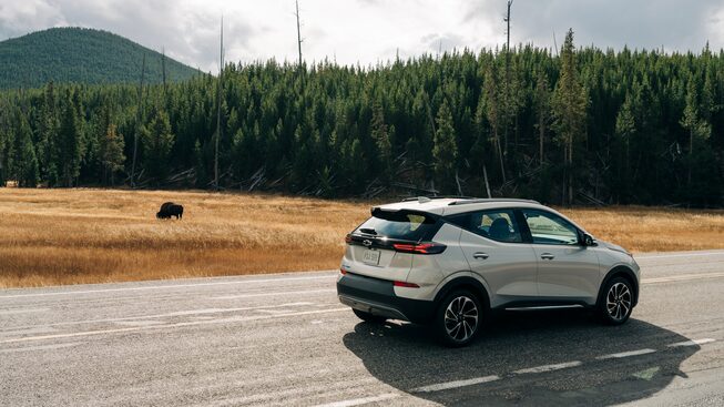 A Bolt EUV drives along a Yellowstone road in front of tree-covered hills and a bison grazing in a field.