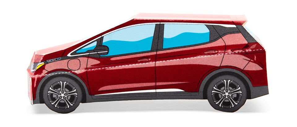 A paper model of a Cajun Red Bolt EV