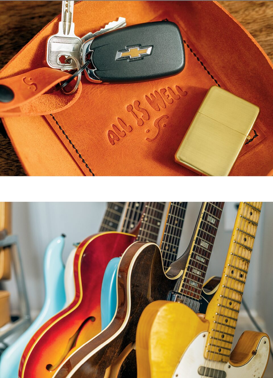 Two photos, one a Chevy key fob on a piece of leather embossed with the All Is Well brand, the other several electric guitars propped against a wall.