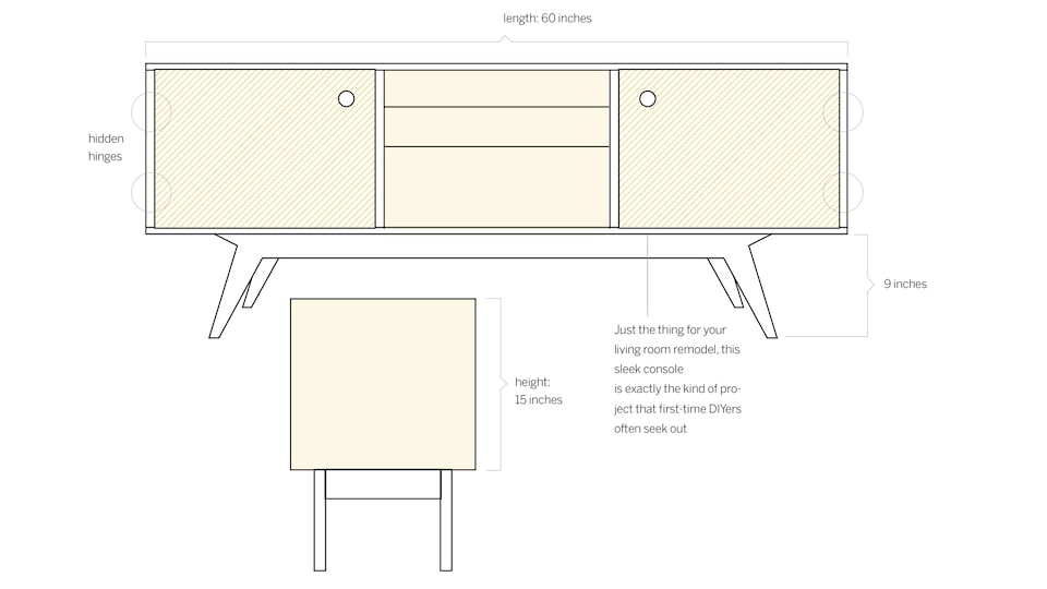 Drawing of a console table from the front and from the end, with dimensions: Length 60 inches, height 15 inches, legs 9 inches. Caption reads “Just the thing for your living room remodel, this sleek console is exactly the kind of project that first-time DIYers often seek out.”