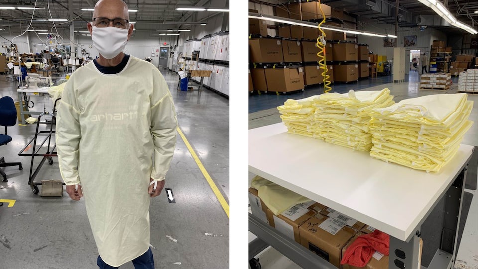 Two photos: On the left, a man in a face mask and protective gown stands in a manufacturing plant. On the right, stacks of  fabric lie on a table in the plant.
