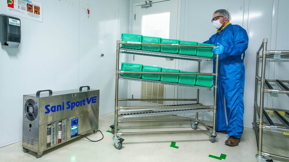A man in a face mask and sanitary overalls maneuvers a wheeled carrier filled with green bins through a room that also has a sanitizing machine.