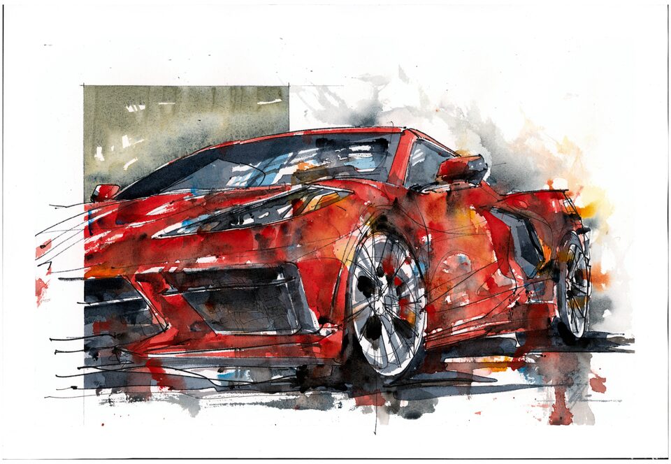 A watercolor drawing of a red Corvette.