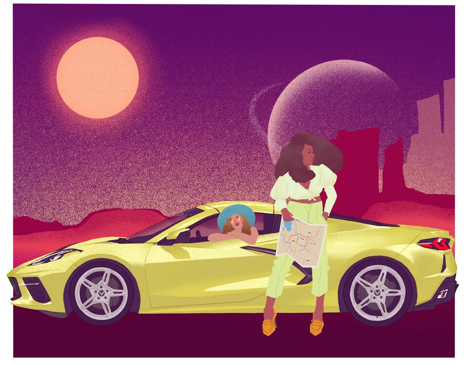 A digital illustration of a yellow Corvette against a purple, red, and orange backdrop of a fictional planet’s landscape, sun, and moon. One person wearing a blue hat leans out of the driver’s side window, and another person stands next to the driver’s door holding a map.