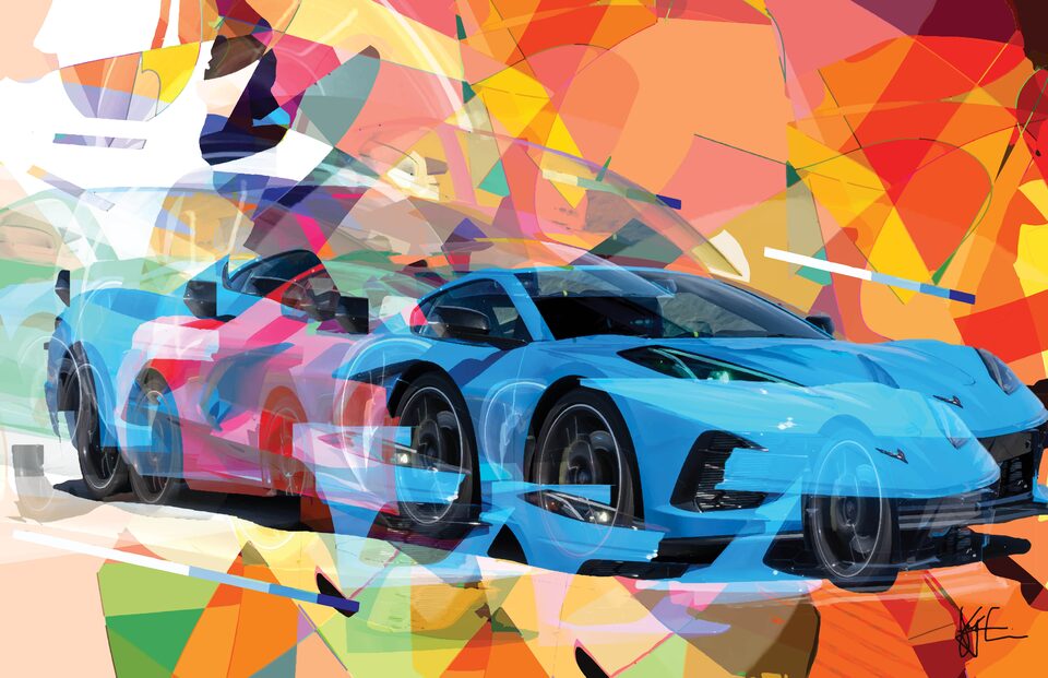 A digital illustration of a blue Corvette that morphs into a red Corvette and then back to blue, against an abstract background of many colors dominated by orange and red.