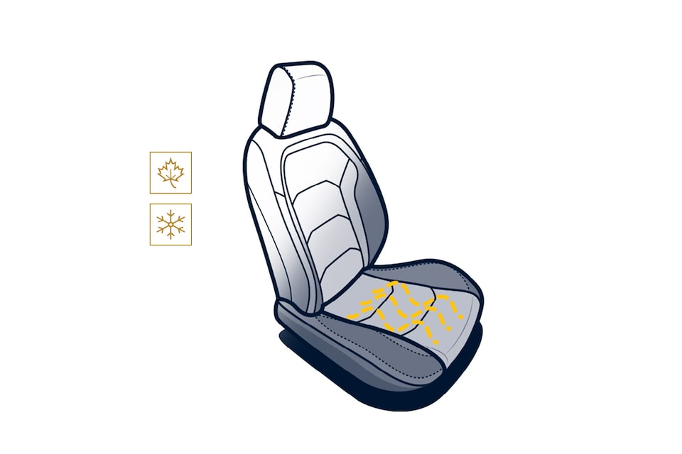 An illustration of a Camaro seat, with the leaf (fall) and snowflake (winter) icons next to it, and jagged lines on the seat to convey heat.