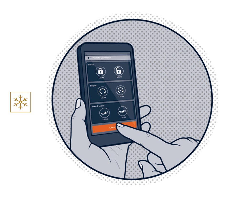 An illustration of a smartphone with the my Chevrolet mobile app open on it, and a snowflake (winter) icon next to it.