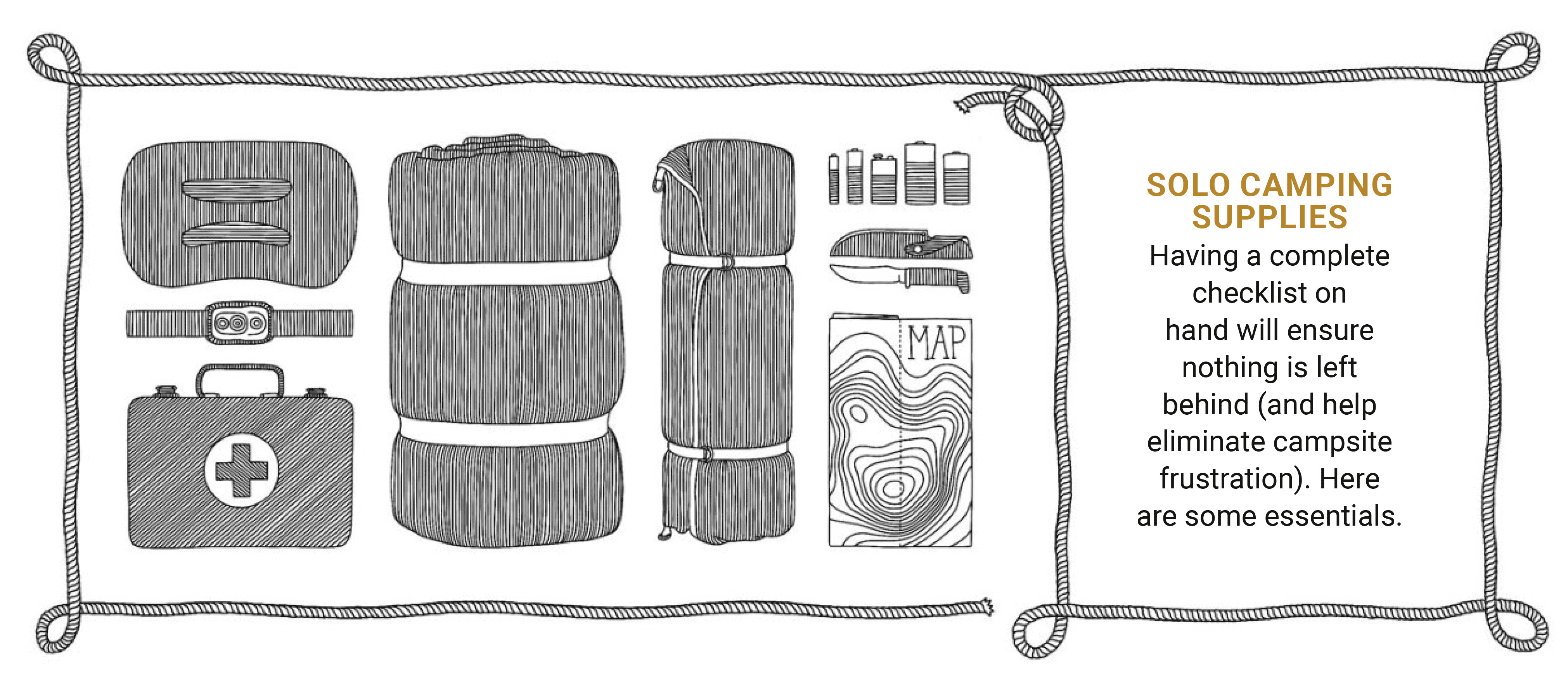 A gif animation highlighting different pieces of camping gear to take on a solo camping trip, like a sleeping bag, mat, head lamp, first aid kit, pocket knife, batteries, and a topographic map.