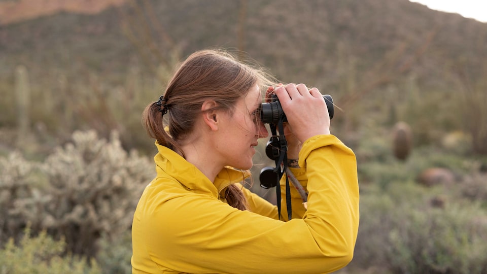 A woman standing in a desert environment with cactus looks through binoculars.