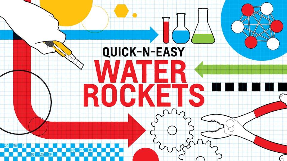 An illustration on white and blue graph paper of a hand holding a utility knife, several glass beakers and test tubes, a gear, and a pair of pliers with the words “Quick-n-Easy Water Rockets.”