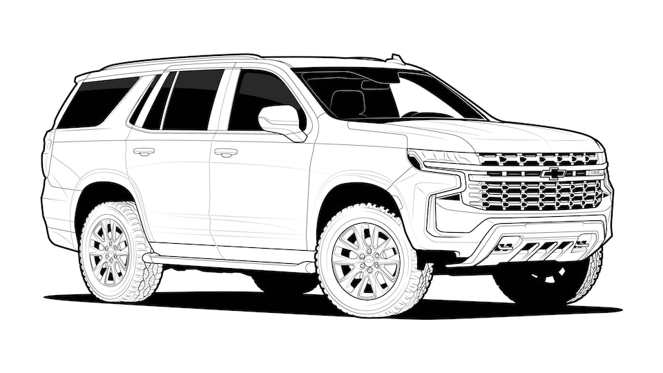 A black and white line drawing of a 2021 Chevy Tahoe.
