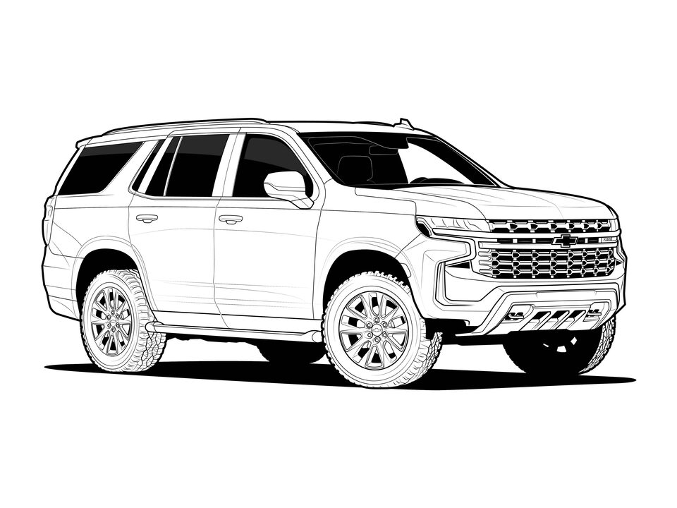 A black and white line drawing of a 2021 Chevy Tahoe.