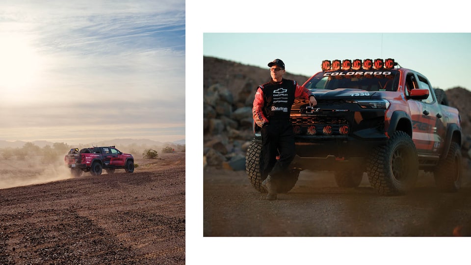 Two photos, one of Chad Hall's Colorado ZR2 from a distance driving across a desert landscape in the dusty air; the other of Chad Hall standing in front of his ZR2.