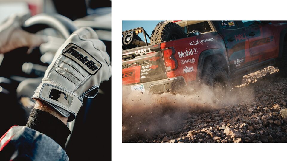 Two photos, one a closeup of Chad Hall's gloved hand on the steering wheel of his Colorado ZR2; the other of the rear of the truck as it skids through dust and rocks.