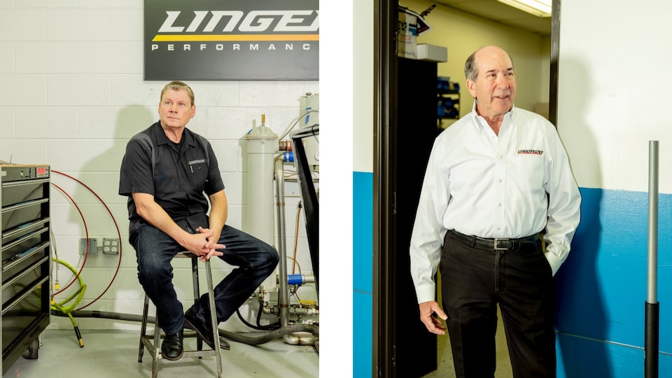 Two photos: On the left, Mark Rapson, COO of Lingenfelter Performance Engineering, sits on a stool in the shop. On the right, Ken Lingenfelter, owner and CEO, stands in a doorway in the shop.