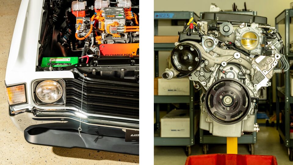 Two photos: On the left, a closeup of the electrical components under the hood of a 1972 El Camino converted to electric. On the right, a traditional combustion engine sits on a stand in the Lingenfelter shop.