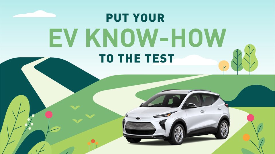 A cartoon-like illustration of a road passing over multiple green hills with trees, sky and clouds in the background. A real-life 2022 Bolt EUV in Summit White sits on the road. The words “Put your EV know-how to the test” appear over the image.