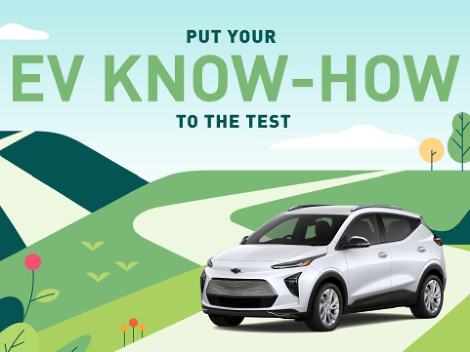 A cartoon-like illustration of a road passing over multiple green hills with trees, sky and clouds in the background. A real-life 2022 Bolt EUV in Summit White sits on the road. The words “Put your EV know-how to the test” appear over the image.