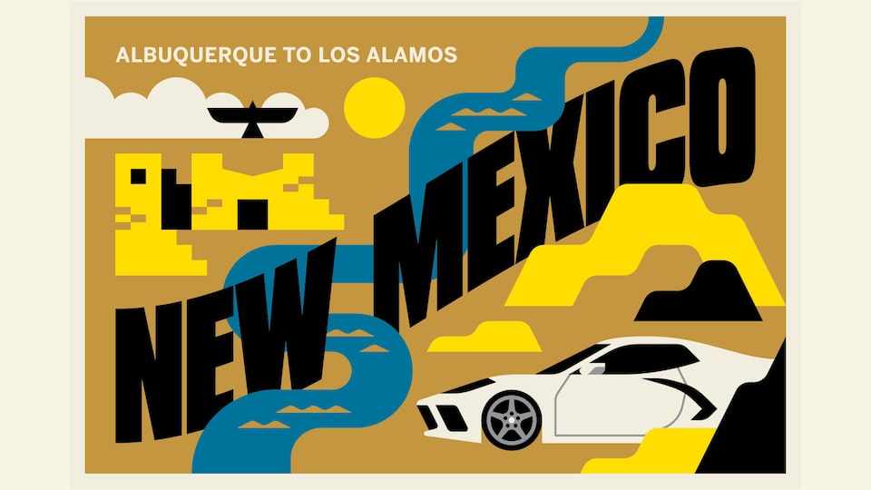 An illustration made to look like a postcard labeled" New Mexico" with drawings of adobe dwellings, a river, mountains, and a white Corvette.