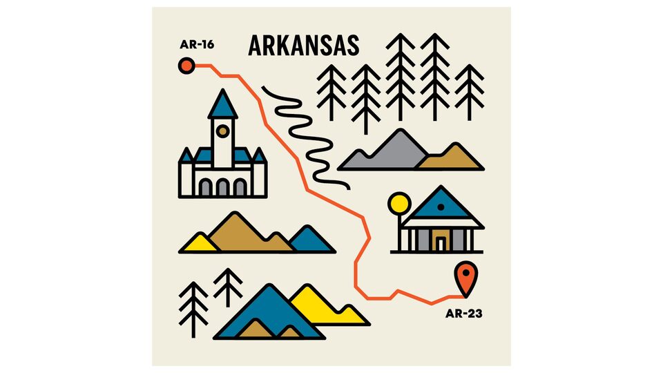 An illustration labeled "Arkansas", with drawings of a clock tower, trees, and mountains, and a pinpoint on a map with a red line as the highway running between the drawings.