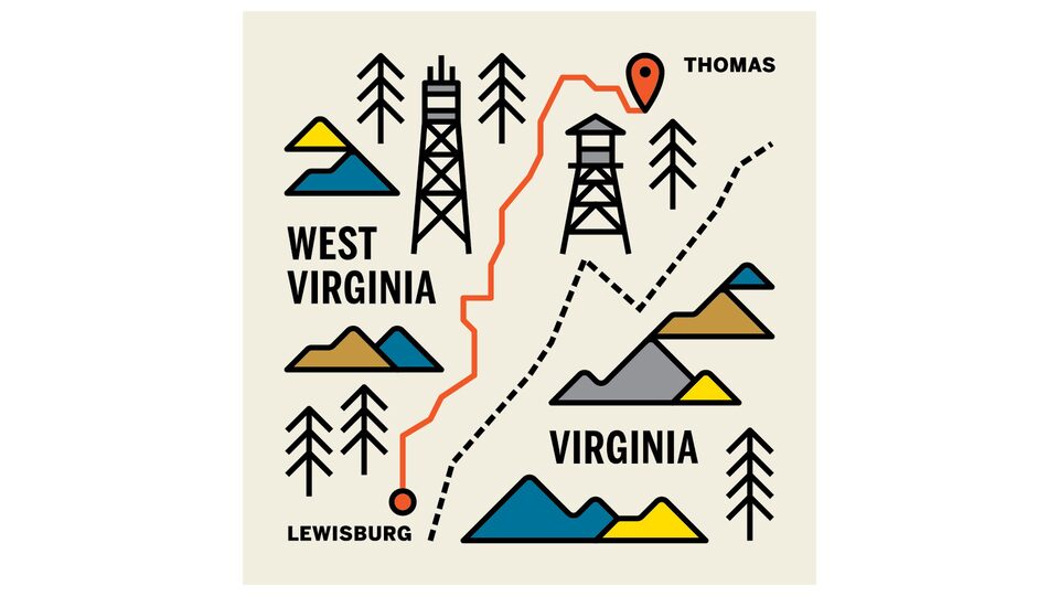 An illustration labeled "West Virginia" and "Virginia" with drawings of lookout towers,mountains, and trees, and a pinpoint on a map with a red line as the highway running between the drawings.