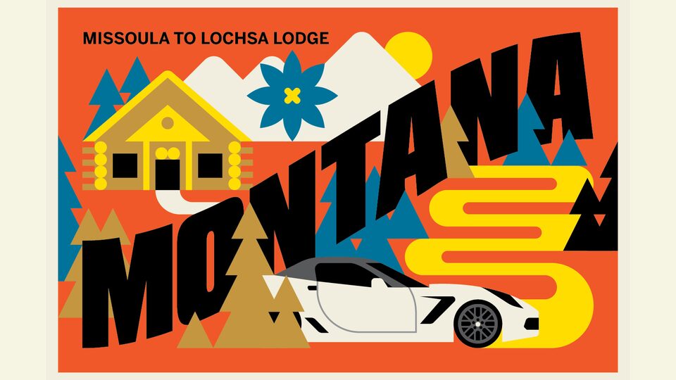 An illustration made to look like a postcard labeled "Montana" with drawings of a log cabin,trees,mountain, and a white Corvette.