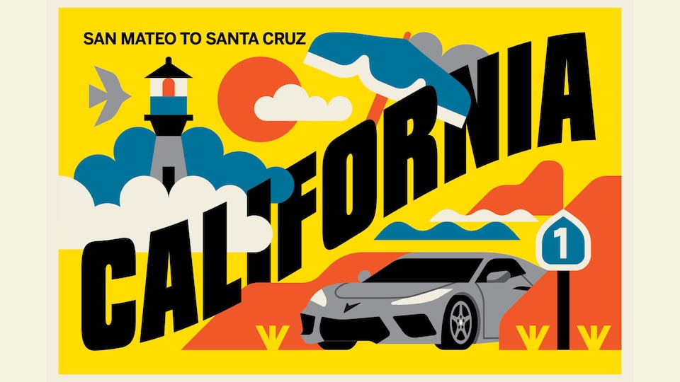 An illustration made to look like a postcard labeled "California" with drawings of a lighthouse, a beach umbrella, sand dunes, and a gray Corvette.