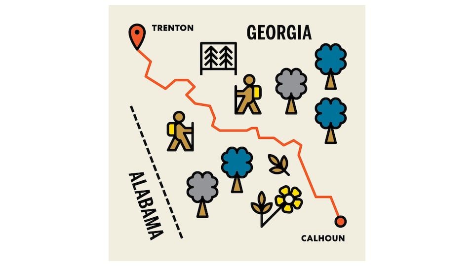 An illustration labeled "Georgia" and "Alabama" with drawings of hikers,flowers, and trees, and a pinpoint on a map with a redline as the highjway running between the drawings.