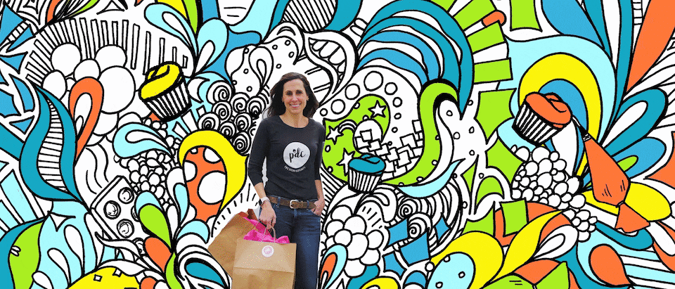 An animation that starts with a photo of Nadine Levin standing in front of a colorful background mural, which disappears piece by piece until we see Nadine standing with her custom Chevy Express van decorated with Pipe Dream Cup-cake graphics.