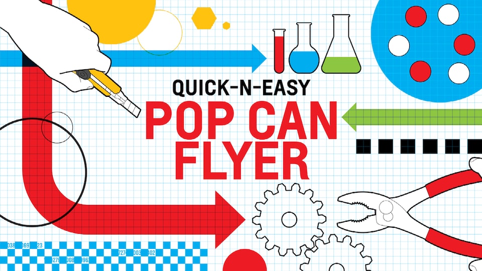 An illustration on white and blue graph paper of a hand holding a utility knife, several glass beakers and test tubes, a gear, and a pair of pliers with the words “Quick-n-Easy Pop Can Flyer.”